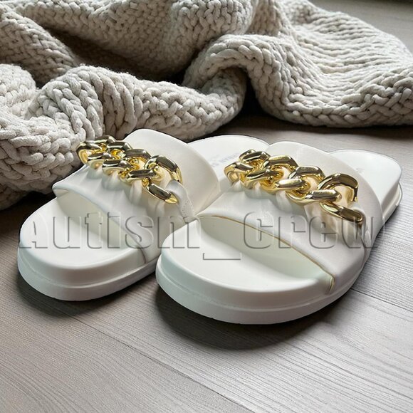🆕 Urban Sport J/Slides | White w/Gold Chain | Open Toe | Size 8M | 4733 - Picture 1 of 2